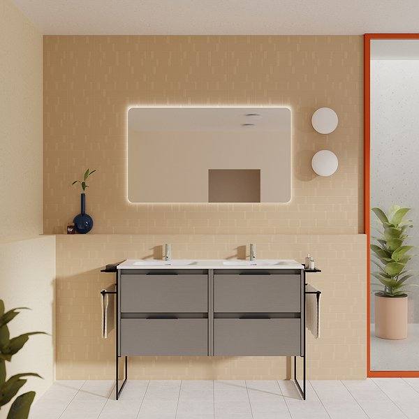Conjunto mueble de baño con lavabo doble poza Keiko con patas 4 cajones fumé arenado 120 cm de Amizuva Espejo Hoshi