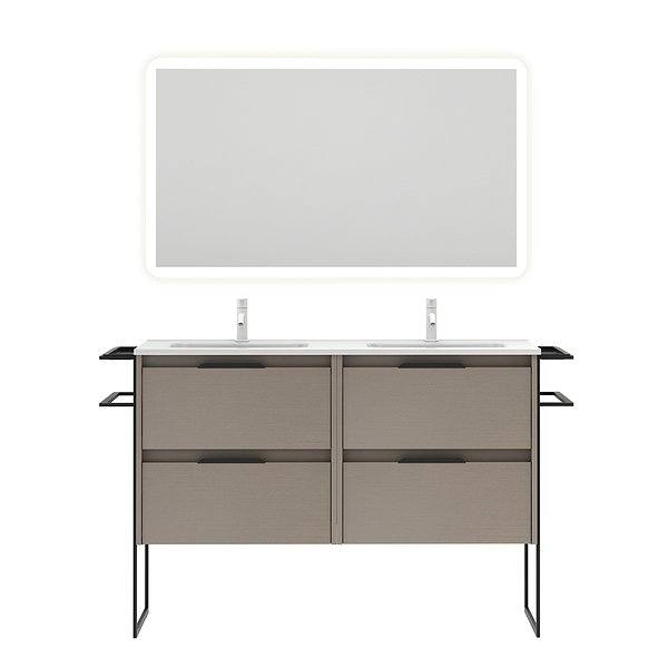 Conjunto mueble de baño con lavabo doble poza Keiko con patas 4 cajones fumé arenado 120 cm de Amizuva Espejo Hoshi