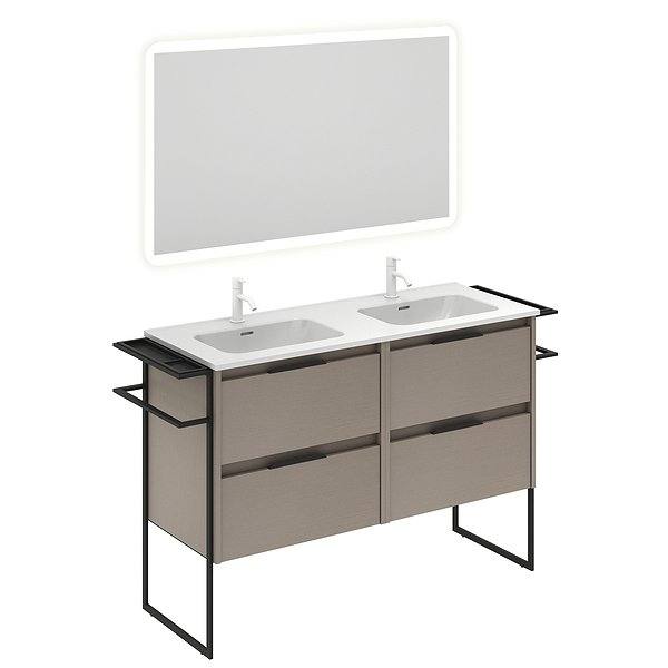 Conjunto mueble de baño con lavabo doble poza Keiko con patas 4 cajones fumé arenado 120 cm de Amizuva Espejo Hoshi
