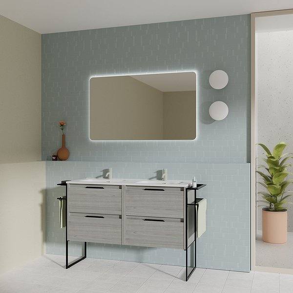 Conjunto mueble de baño con lavabo doble poza Keiko con patas 4 cajones gris arenado 120 cm de Amizuva Espejo Hoshi