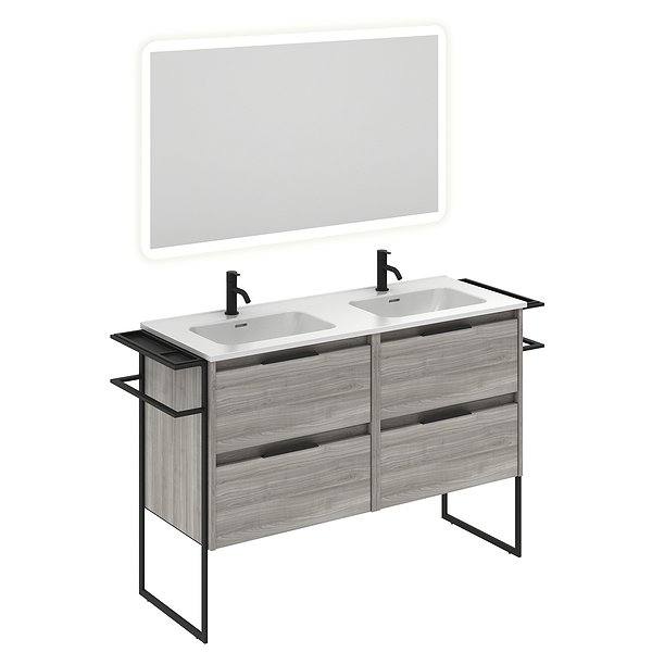 Conjunto mueble de baño con lavabo doble poza Keiko con patas 4 cajones gris arenado 120 cm de Amizuva Espejo Hoshi