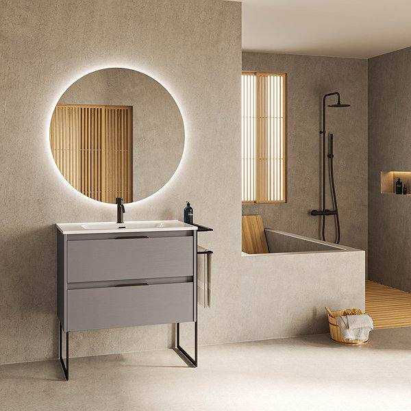 Conjunto mueble de baño con lavabo Keiko con patas 2 cajones fumé arenado de Amizuva. Espejo Nozomi
