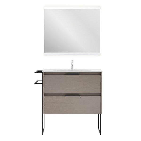 Conjunto mueble de baño con lavabo Keiko con patas 2 cajones fumé arenado de Amizuva. Espejo Hikari