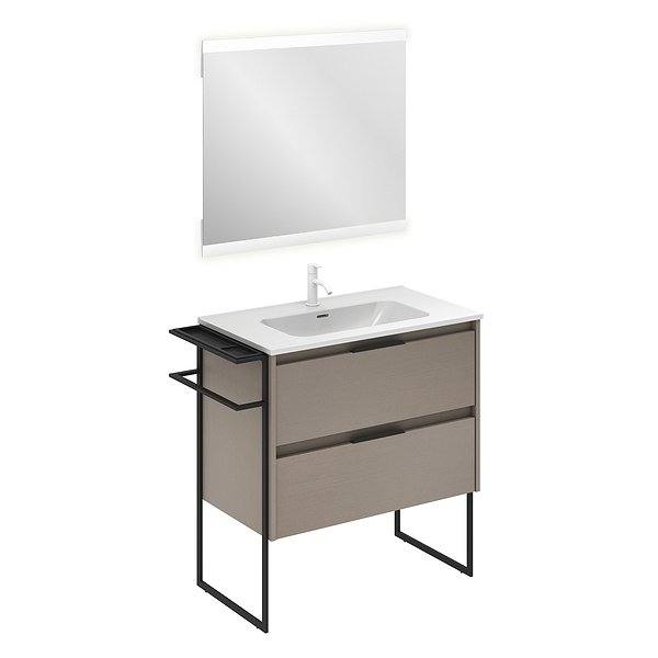 Conjunto mueble de baño con lavabo Keiko con patas 2 cajones fumé arenado de Amizuva. Espejo Hikari