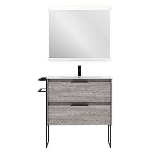 Conjunto mueble de baño con lavabo Keiko con patas 2 cajones gris arenado de Amizuva. Espejo hikari