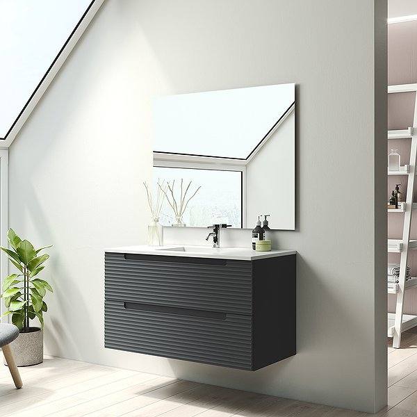 Mueble de baño Kyoto suspendido 2 cajones Visobath.Lavabo Ada, espejo sevilla. Negro mate.