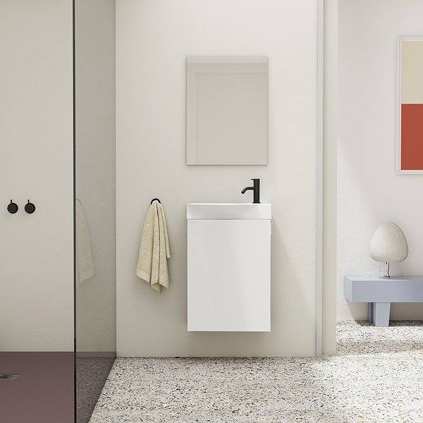 Conjunto mueble de baño blanco brillo + lavabo cerámica blanco + espejo