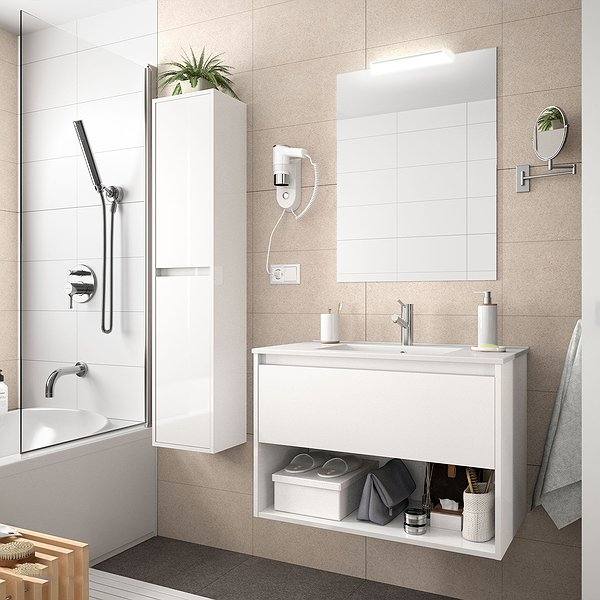 Conjunto mueble de baño Blanco brillo noja suspendido 1 cajón + 1 hueco inferior de Salgar. Lavabo Iberia con espejo y aplique