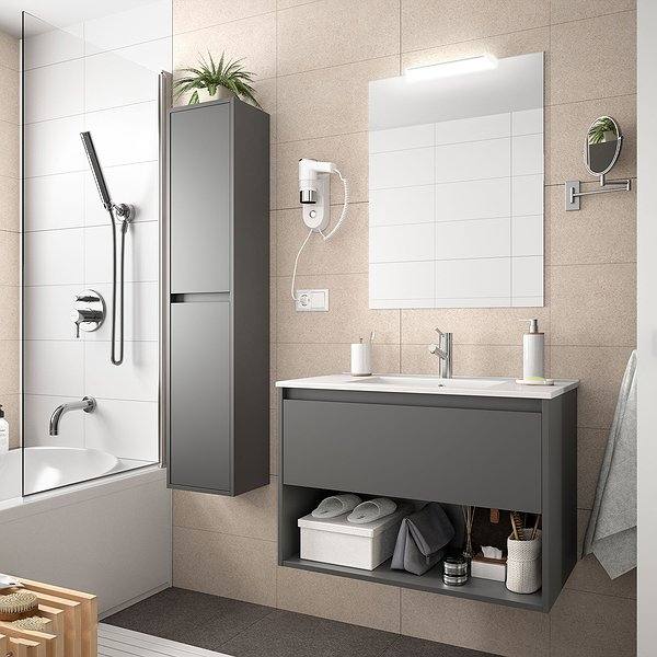 Conjunto mueble de baño Gris Mate noja suspendido 1 cajón + 1 hueco inferior de Salgar. Lavabo Iberia con espejo y aplique