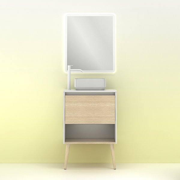 Conjunto mueble de baño con tapa y lavabo sobre encimera Nara con patas 1 cajón más un hueco en blanco mate y roble arenado de Amizuva espjeo Hoshi