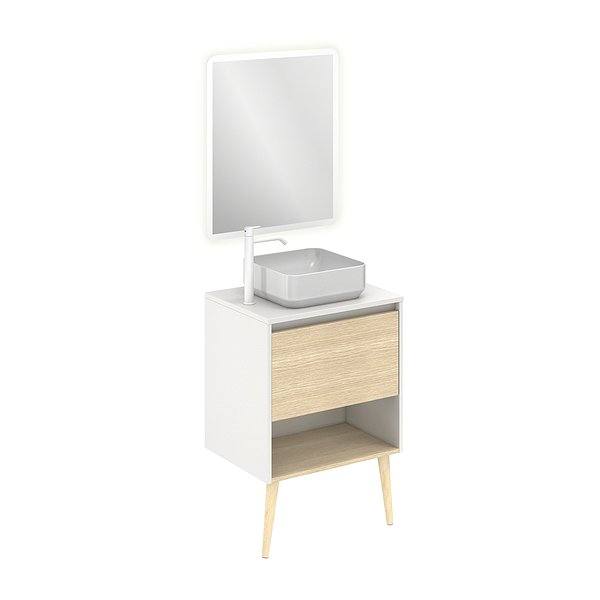 Conjunto mueble de baño con tapa y lavabo sobre encimera Nara con patas 1 cajón más un hueco en blanco mate y roble arenado de Amizuva espjeo Hoshi