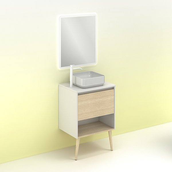 Conjunto mueble de baño con tapa y lavabo sobre encimera Nara con patas 1 cajón más un hueco en blanco mate y roble arenado de Amizuva espjeo Hoshi
