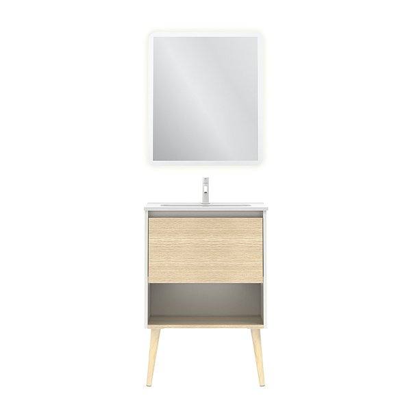Conjunto mueble de baño con lavabo Nara con patas 1 cajón más un hueco en blanco mate y roble arenado de Amizuva Espejo Hoshi