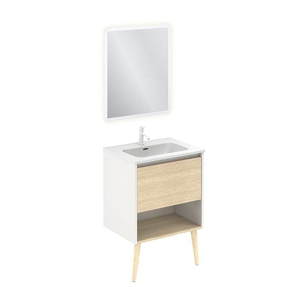 Conjunto mueble de baño con lavabo Nara con patas 1 cajón más un hueco en blanco mate y roble arenado de Amizuva Espejo Hoshi