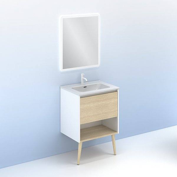 Conjunto mueble de baño con lavabo Nara con patas 1 cajón más un hueco en blanco mate y roble arenado de Amizuva Espejo Hoshi