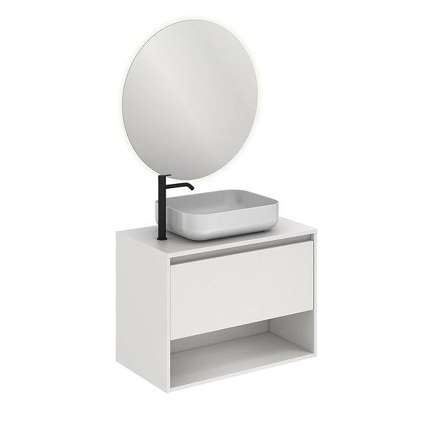 Conjunto mueble de baño con lavabo sobre encimera y tapa Niwa suspendido 1 cajón más un hueco en blanco brillo de Amizuva. Espejo Nozomi