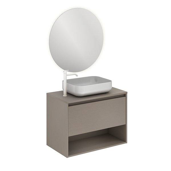 Conjunto mueble de baño con lavabo sobre encimera y tapa Niwa suspendido 1 cajón más un hueco en fumé arenado de Amizuva. Espejo Nozomi