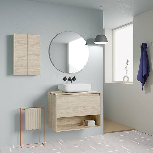 Conjunto mueble de baño con lavabo sobre encimera y tapa Niwa suspendido 1 cajón más un hueco en roble arenado de Amizuva. Espejo Miku