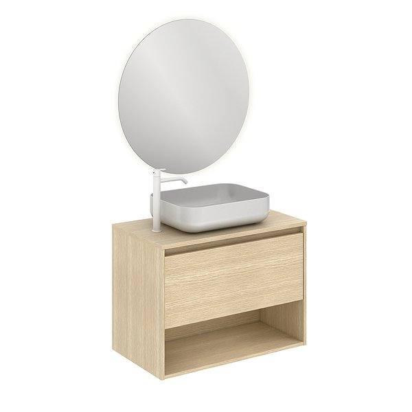 Conjunto mueble de baño con lavabo sobre encimera y tapa Niwa suspendido 1 cajón más un hueco en roble arenado de Amizuva. Espejo Nozomi