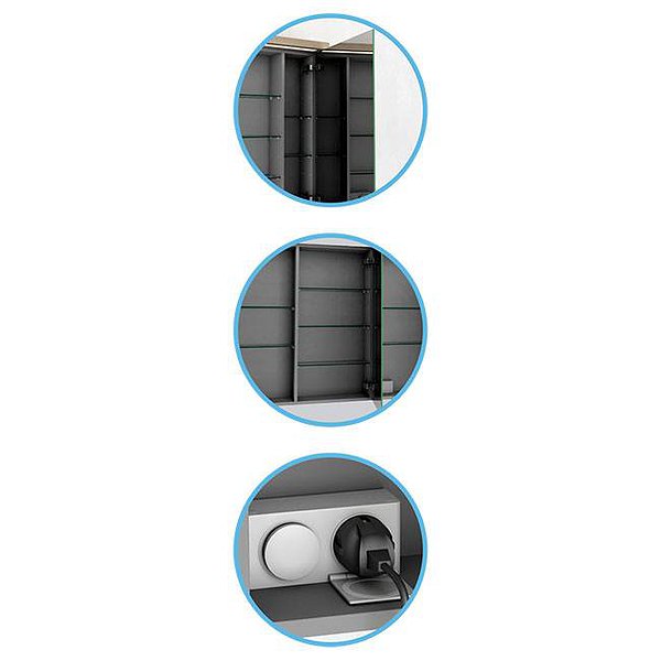 Puertas espejo doble cara, estantes de cristal y interruptor con enchufe