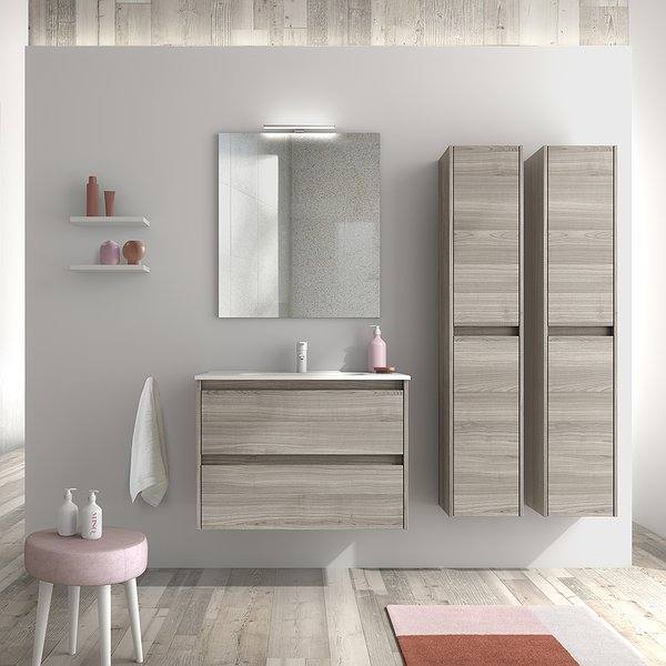Conjunto mueble de baño Sansa suspendido 2 cajones. Lavabo Enzo y espejo murano con aplique Lucce Led de Royo. Columna sansa suspendida. Color Gris Arenado