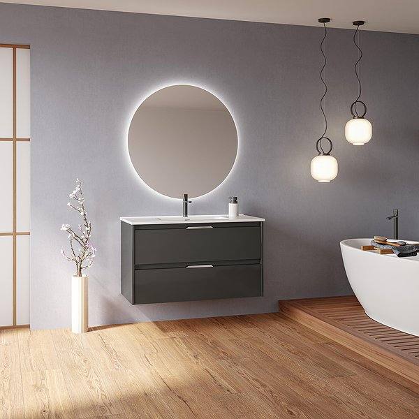 Conjunto mueble de baño con lavabo Suki suspendido 2 cajones antracita brillo de Amizuva espejo Nozomi