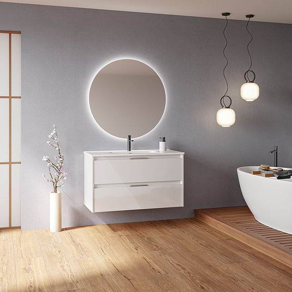 Conjunto mueble de baño con lavabo Suki suspendido 2 cajones blanco brillo de Amizuva espejo Nozomi