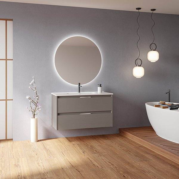 Conjunto mueble de baño con lavabo Suki suspendido 2 cajones antracita brillo de Amizuva espejo Nozomi