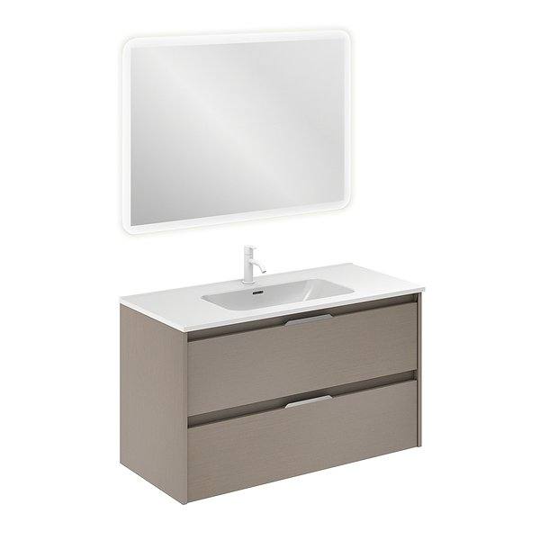 Conjunto mueble de baño con lavabo Suki suspendido 2 cajones fumé arenado de Amizuva espejo Hoshi