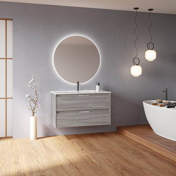 Conjunto mueble de baño con lavabo Suki suspendido 2 cajones gris arenado de Amizuva espejo Nozomi