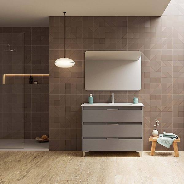 Conjunto mueble de baño con lavabo Suki con patas 3 cajones gris arenado de Amizuva espejo Sora