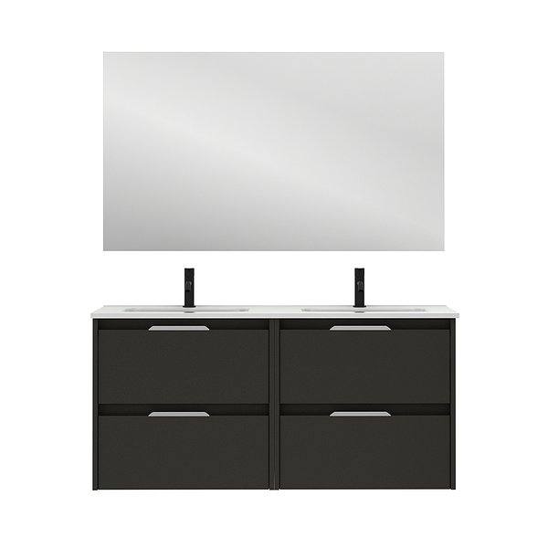 Conjunto mueble de baño con lavabo doble poza Suki suspendido 4 cajones antracita brillo 120 cm de Amizuva espejo Kawa