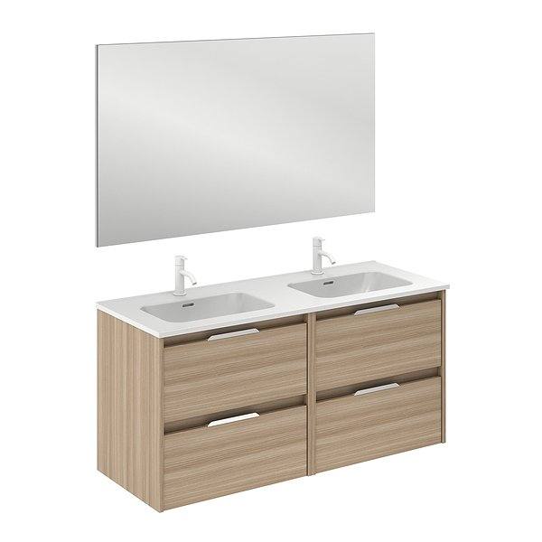 Conjunto mueble de baño con lavabo doble poza Suki suspendido 4 cajones nogal arenado 120 cm de Amizuva espejo Kawa
