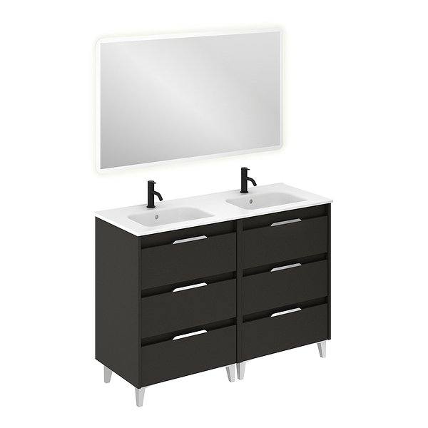 Conjunto mueble de baño con lavabo doble poza Suki con patas 6 cajones antracita brillo de Amizuva espejo Hoshi