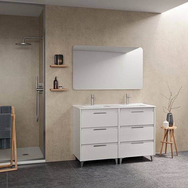 Conjunto mueble de baño con lavabo doble poza Suki con patas 6 cajones blanco brillo de Amizuva espejo sora