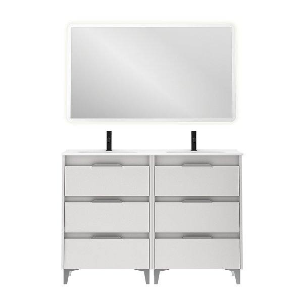 Conjunto mueble de baño con lavabo doble poza Suki con patas 6 cajones blanco brillo de Amizuva espejo Hoshi