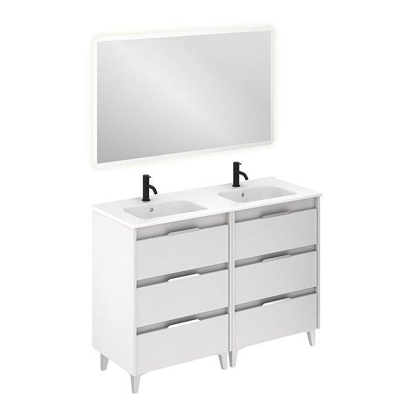 Conjunto mueble de baño con lavabo doble poza Suki con patas 6 cajones blanco brillo de Amizuva espejo Hoshi