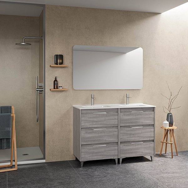 Conjunto mueble de baño con lavabo doble poza Suki con patas 6 cajones gris arenado de Amizuva espejo Sora