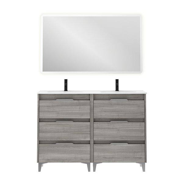 Conjunto mueble de baño con lavabo doble poza Suki con patas 6 cajones gris arenado de Amizuva espejo Hoshi