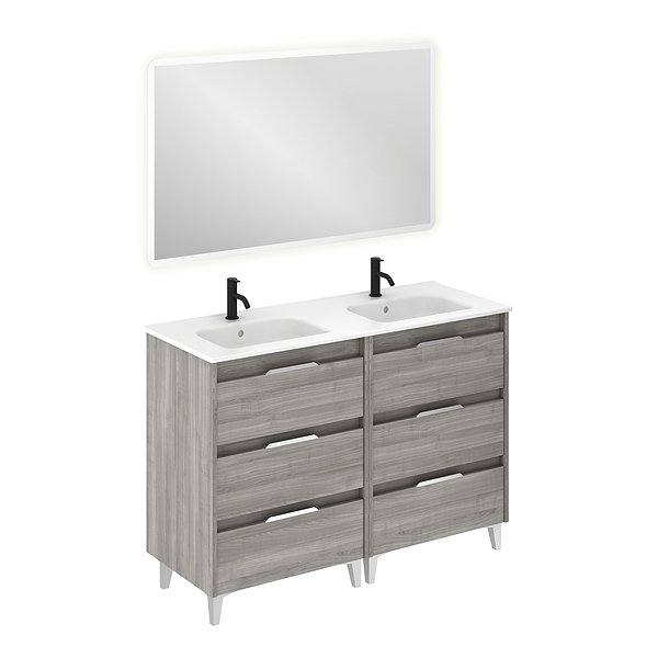 Conjunto mueble de baño con lavabo doble poza Suki con patas 6 cajones gris arenado de Amizuva espejo Hoshi
