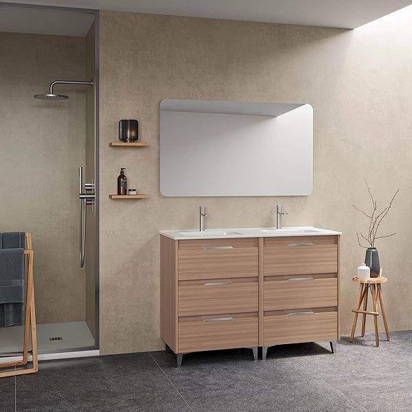 Conjunto mueble de baño con lavabo doble poza Suki con patas 6 cajones nogal arenado de Amizuva espejo Sora