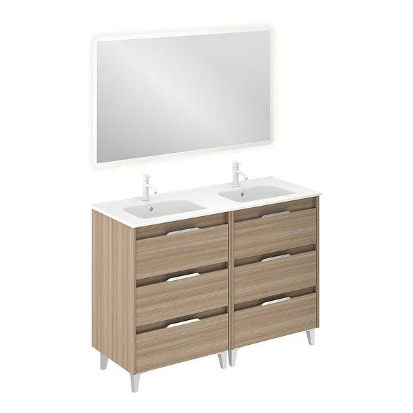 Conjunto mueble de baño con lavabo doble poza Suki con patas 6 cajones nogal arenado de Amizuva espejo Hoshi