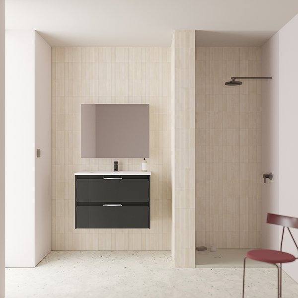 Conjunto mueble de baño con lavabo Suki suspendido 2 cajones antracita brillo de Amizuva espejo kawa
