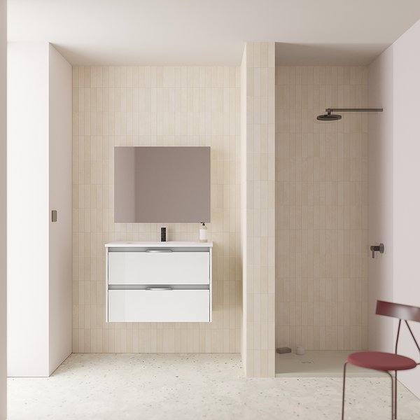 Conjunto mueble de baño con lavabo Suki suspendido 2 cajones blanco brillo de Amizuva espejo Kawa