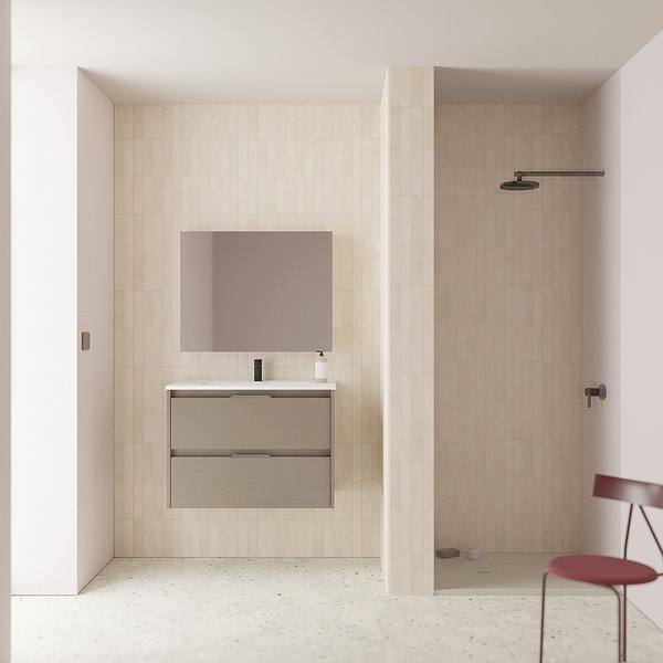 Conjunto mueble de baño con lavabo Suki suspendido 2 cajones fumé arenado de Amizuva espejo kawa