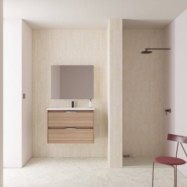 Conjunto mueble de baño con lavabo Suki suspendido 2 cajones nogal arenado de Amizuva espejo kawa