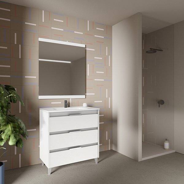 Conjunto mueble de baño con lavabo Suki con patas 3 cajones blanco brillo de Amizuva espejo Hikari