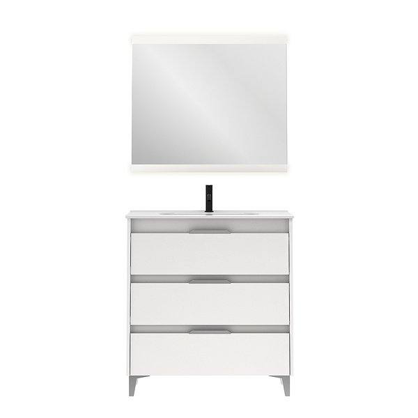 Conjunto mueble de baño con lavabo Suki con patas 3 cajones blanco brillo de Amizuva espejo Hikari