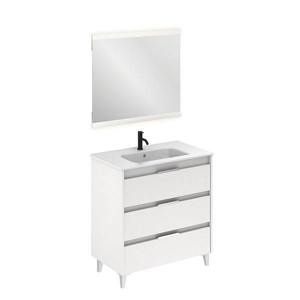 Conjunto mueble de baño con lavabo Suki con patas 3 cajones blanco brillo de Amizuva espejo Hikari