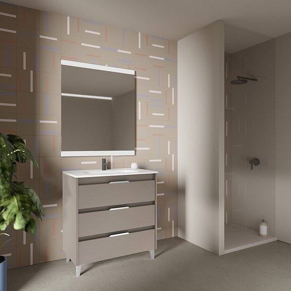Conjunto mueble de baño con lavabo Suki con patas 3 cajones gris arenado de Amizuva espejo Hikari